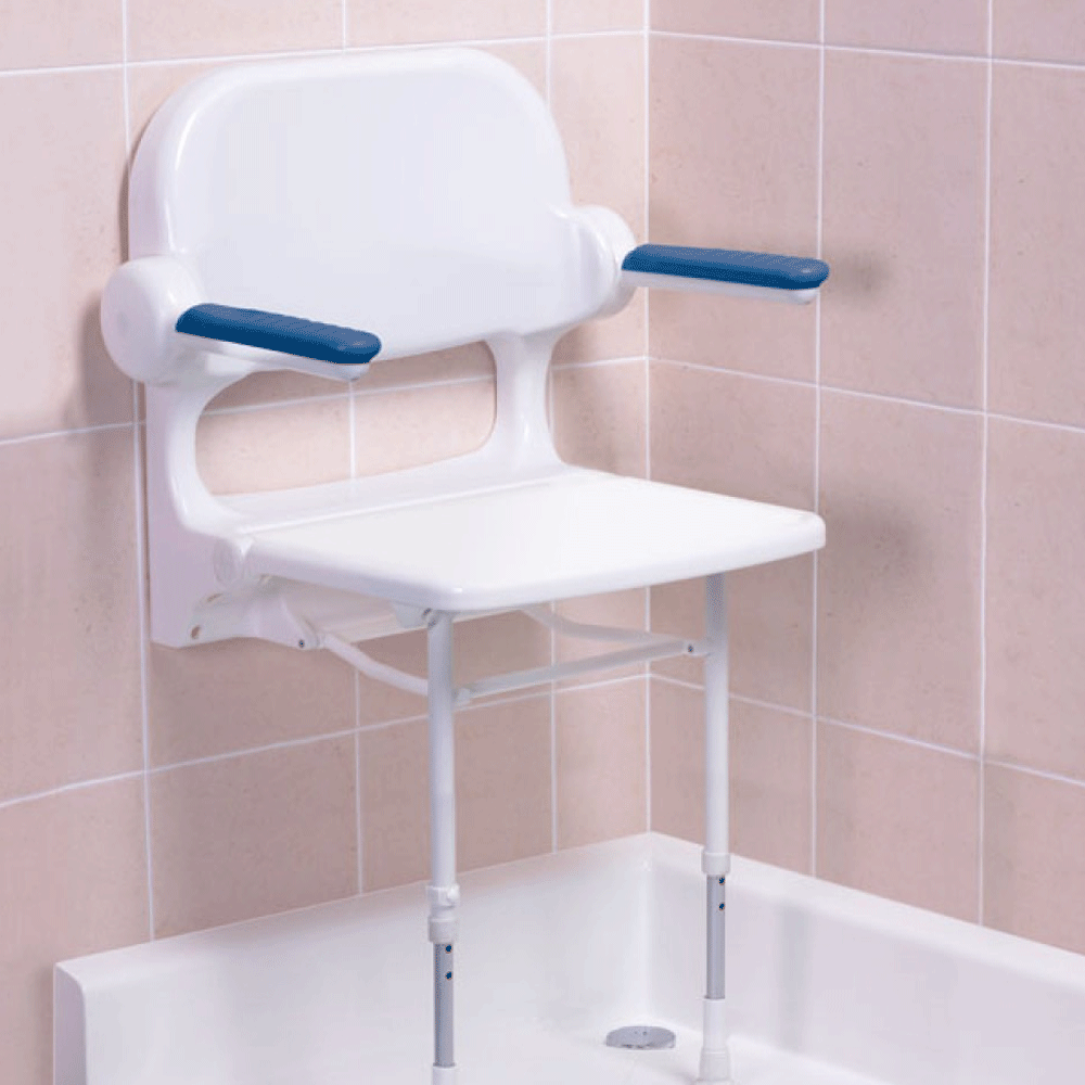 Akw 2000 Series Standard Fold Up Shower Seat With Back And Blue Arms 